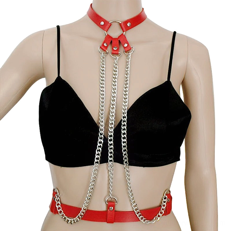 Deep red leather body harness with precision link chains and gothic styling