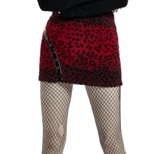 Red leopard print gothic mini skirt with black PU leather eyelet strap, rear left side view on model with fishnet stockings