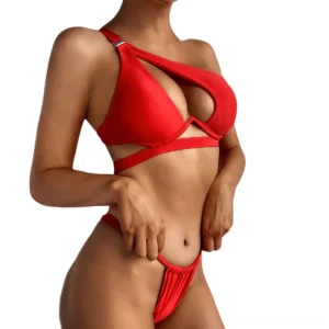 Red one-shoulder underwire bikini with wrap underband detail, front view on model