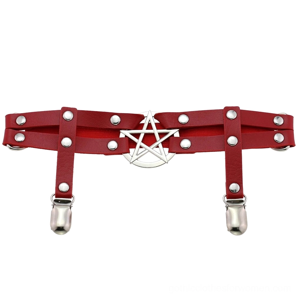 Red pentagram PU leather leg garter belt flat lay product shot, displaying bold silver pentagram emblem with metal studs and adjustable fastening clips