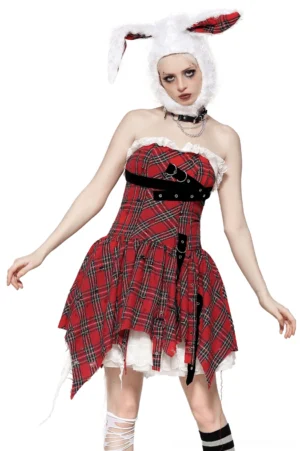Red plaid gothic corset mini dress front view worn by model with buckle straps and distressed hemline