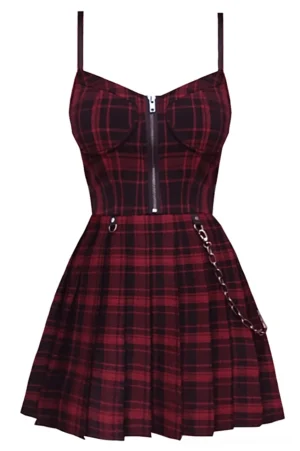 Red and black plaid gothic slip dress with spaghetti straps, pleated skirt, and chain details displayed on dress form with studio background