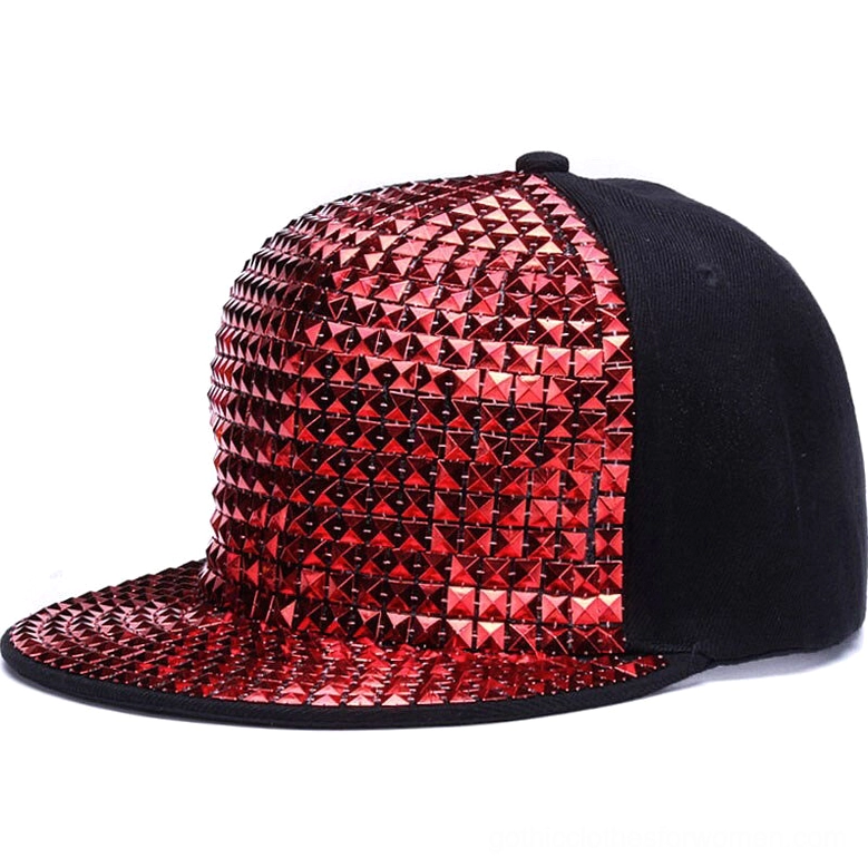 Red pyramid stud snapback cap front three-quarter view featuring bright red metallic studs