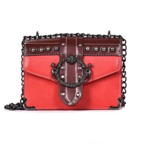 Red gothic studded leather shoulder bag with vintage metal hardware and chain strap - alternative color option