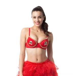 Red skull studded push-up bra with gold beaded trim worn by model, front view