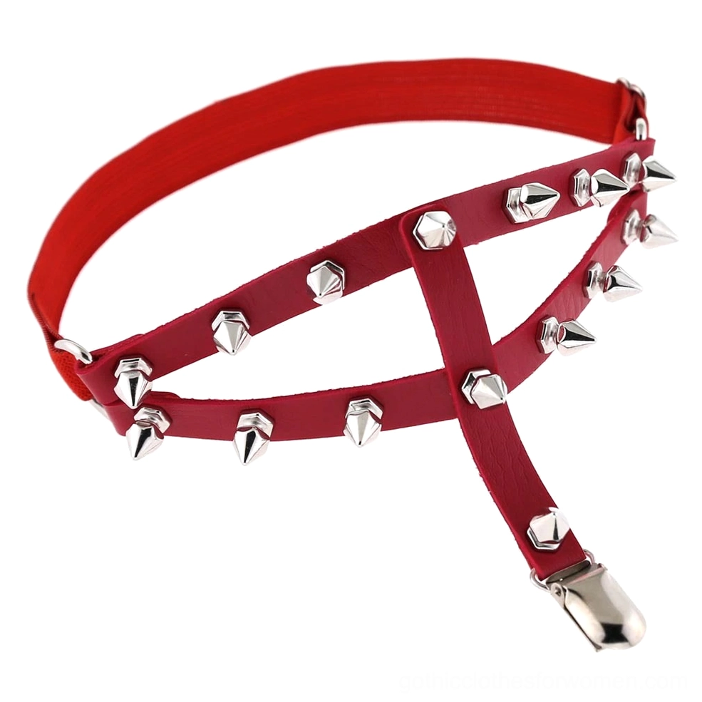 Red spiked thigh garter with silver pyramid studs and cross strap adjustable design