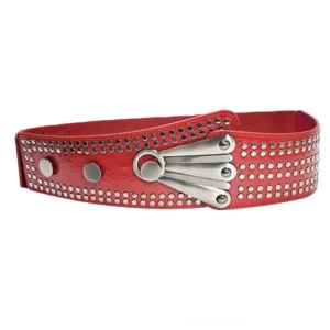 Red studded elastic wide gothic corset belt with dense rivet coverage and silver metal fan buckle, flat front display