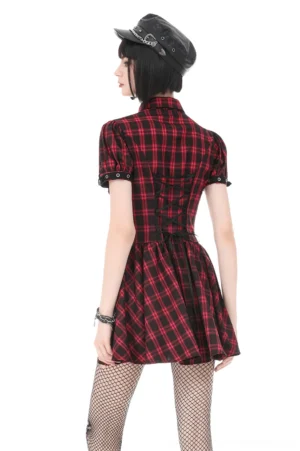 Red and black plaid gothic dress back corset lacing detail - rear view on model showing back panel construction