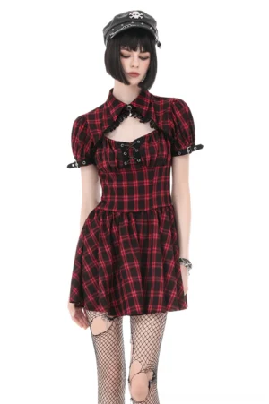 Red tartan gothic mini dress with lace-up corset bodice, buckle puff sleeves, and cutout collar - front view on model