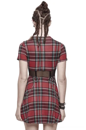 Red plaid gothic mini dress back view showing waist chain details and adjustable belt