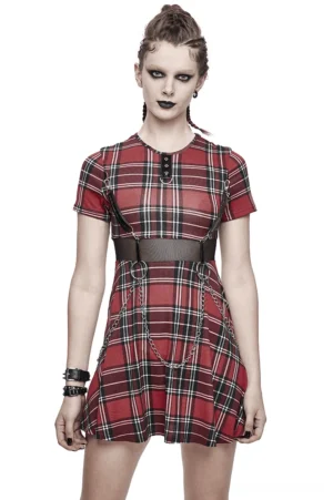 Red tartan gothic mini dress with silver chain harness and waist belt - front view on model