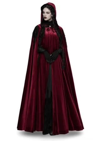 Red velvet Gothic hooded cloak with black lace trim on model, full front view showcasing dramatic silhouette and ornate neckline detail