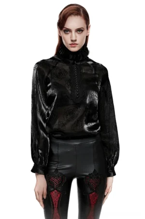 Black rose flocked mesh gothic ruffle blouse front view - model wearing dramatic lantern sleeves and high ruffled collar