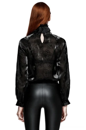 Black rose flocked mesh gothic blouse back view - featuring keyhole closure and rose printed mesh design