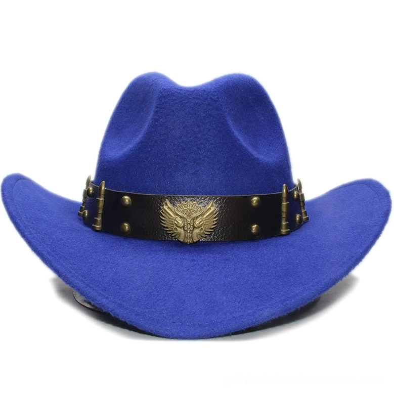 Rose pink gothic fedora cowboy hat with decorative leather strap and rivets
