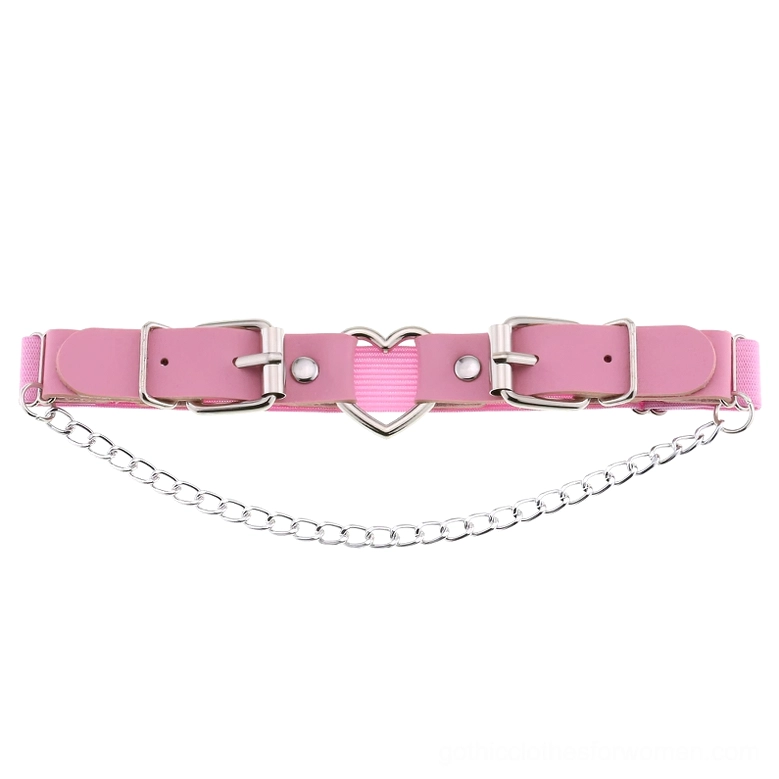 Rose pink pastel gothic garter with heart charm and silver chain, leg harness accessory flat lay