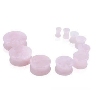 Natural rose quartz flesh tunnel ear expander jewelry - soft light pink stone double-flared design for gauge stretching