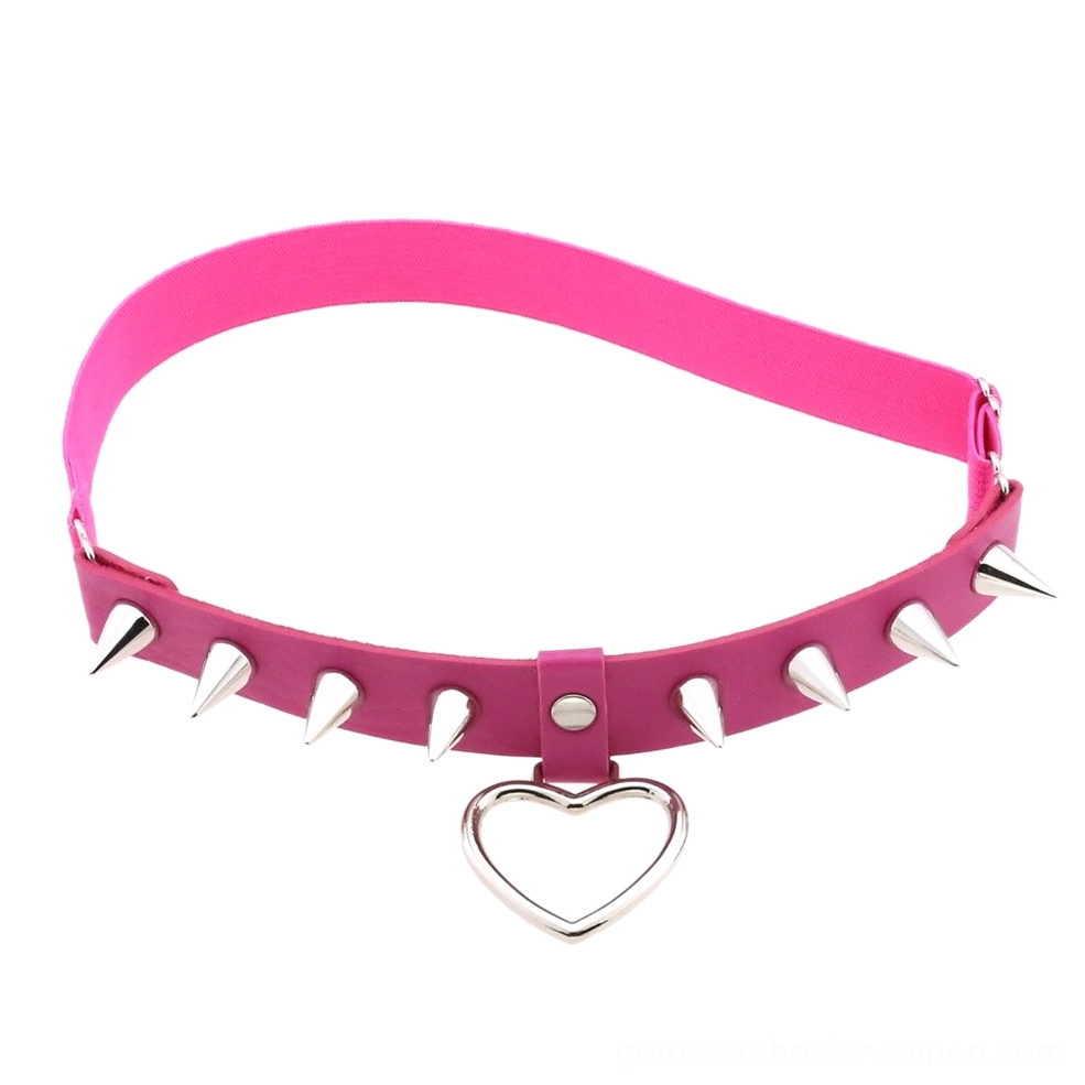 Rose red PU leather gothic leg garter with silver spikes and heart pendant, front display view