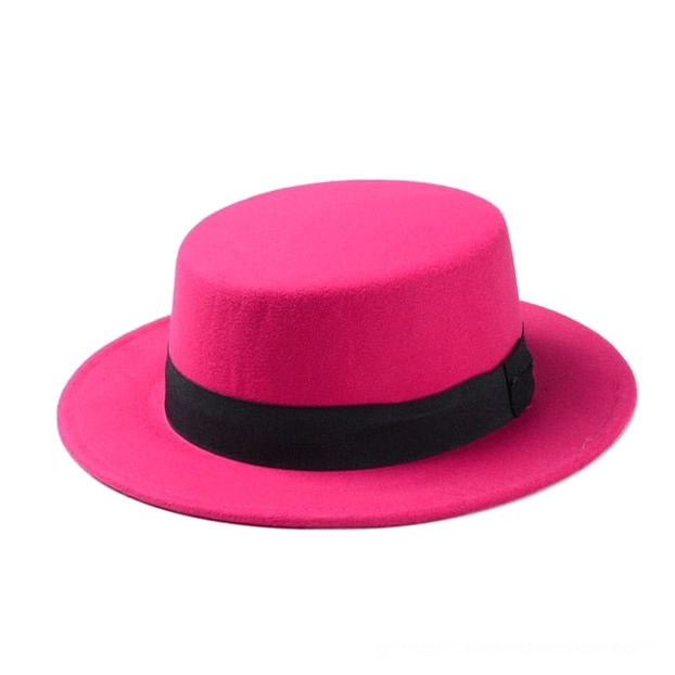 Rose red wool felt gothic fedora hat with black ribbon band and flat crown design