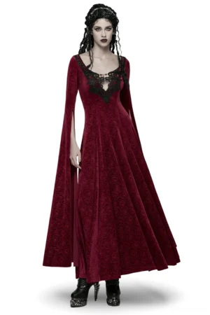 Rose velvet gothic maxi dress front view on model, wine-red embossed velvet with black lace V-neckline and flowing split sleeves