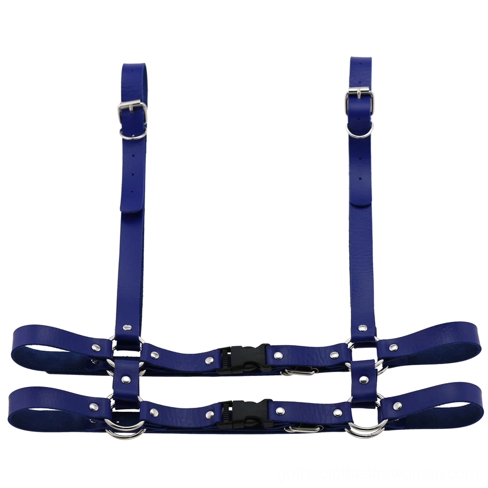 Royal blue leather body harness front flat lay display with adjustable shoulder straps and dual waist straps with silver hardware
