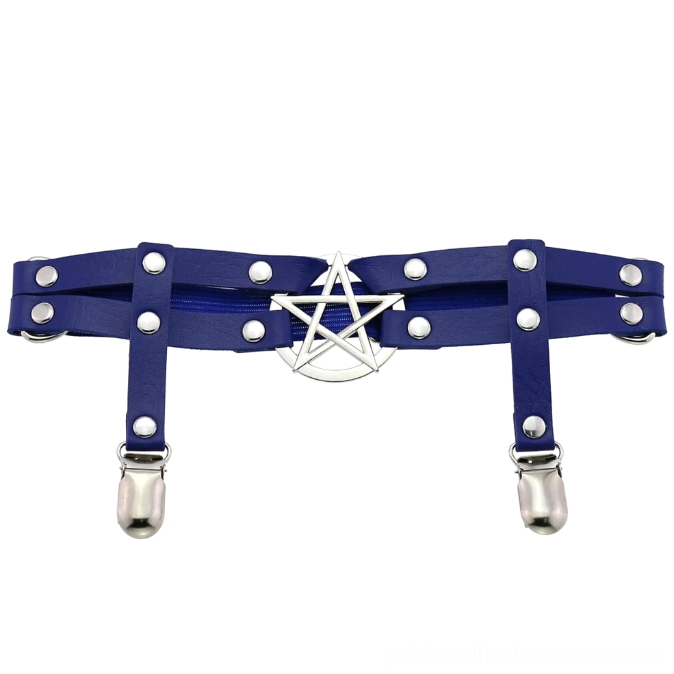 Royal blue pentagram PU leather leg garter belt flat lay product view, featuring striking silver pentagram decoration with metal hardware and adjustable clips