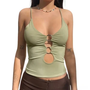 Sage green cropped hollow cami top with metal ring cutout, model wearing alternative fashion camisole front view