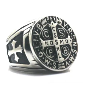 Saint Benedict cross gothic ring three-quarter side view with CSPB CSSML NDSMD engravings and black enamel detailing