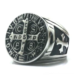 Saint Benedict religious signet ring front face with full cross and protective Latin inscriptions clearly visible