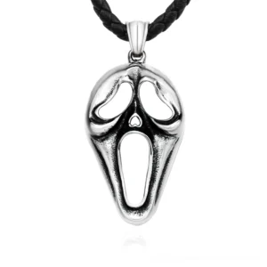 Screaming ghost face gothic pendant necklace on black braided leather cord, front view, stainless steel hollow design