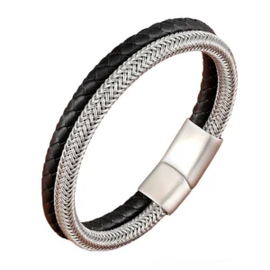 Silver and black mixed material gothic bracelet, two-tone leather and woven metal design with matte silver magnetic clasp, alternative style jewelry