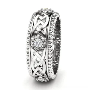 Silver Celtic knot zircon flower ring with intricate braided texture and beaded rim, featuring central flower-shaped cubic zirconia stone, gothic unisex jewelry