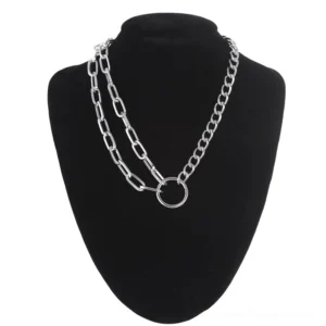 Silver dual-layer chain choker necklace with minimalist pendant on black mannequin, alternative fashion jewelry