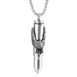 Silver gothic eagle bullet pendant necklace, front overhead view showcasing 3D eagle relief design