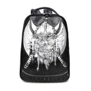 Silver embossed viking skull leather backpack with metallic embossing details and studded bottom edge