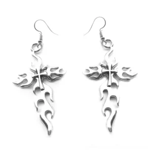 Silver flaming cross drop earrings frontal view - gothic statement jewelry for women with hollow metal flame and cross design