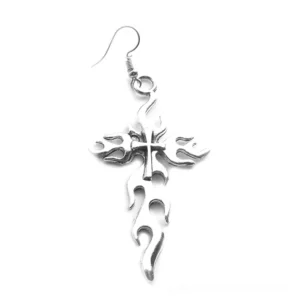 Matching pair of silver flaming cross drop earrings - mirrored design showing both earrings in gothic jewelry set