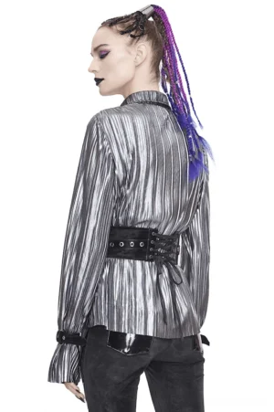 Silver metallic gothic blouse back view showing fitted silhouette, corset waist belt, and long ruffled sleeve details