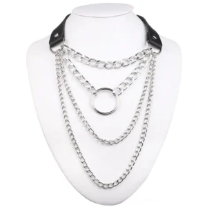 Silver polished layered chain O-ring choker necklace shown on jewelry display - unisex gothic pendant necklace
