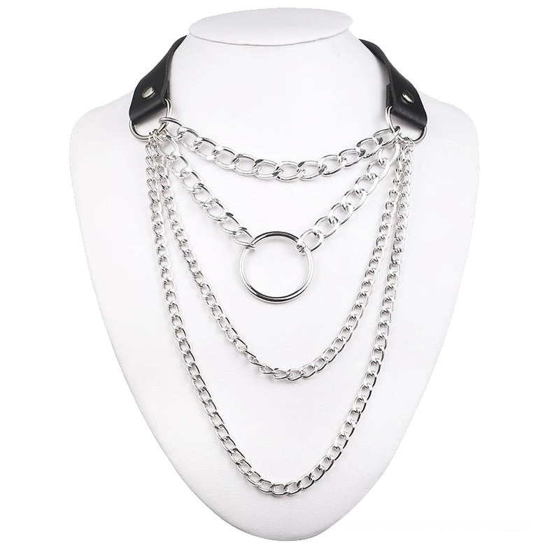 Silver polished layered chain O-ring choker necklace shown on jewelry display - unisex gothic pendant necklace