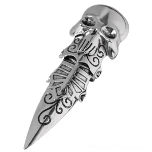 Silver gothic claw ring with skull design and intricate scroll patterns, top-left oblique view on white background