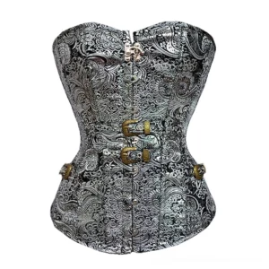 Silver gothic corset with paisley jacquard pattern, front view display, metal buckle closures, strapless design