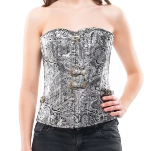 Silver paisley gothic corset worn on model, sweetheart neckline, metal front clasps, luxury fabric detail