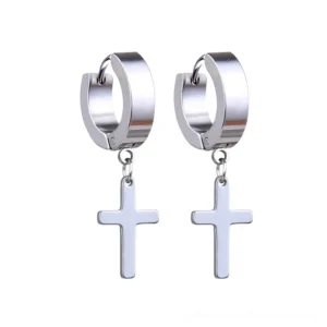 Silver polished gothic cross dangle hoop earrings flat lay