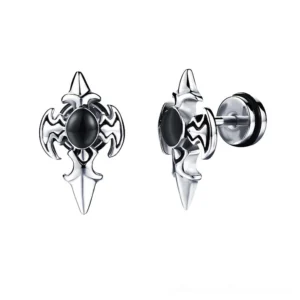 Silver gothic cross stud earrings with black cubic zirconia inlay - front flat view showcasing spiked punk design