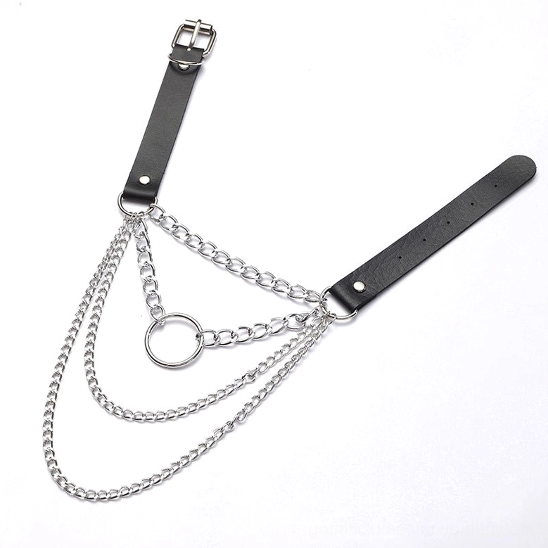 Silver gothic chain harness choker necklace with O-ring pendant and adjustable leather strap - flat lay view