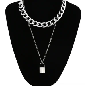 Silver double chain padlock pendant necklace with curb chain and fine link chain, displayed on black jewelry mannequin against plain black background, front view