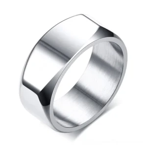 Silver polished stainless steel gothic band ring with brushed interior and polished exterior, three-quarter angle view