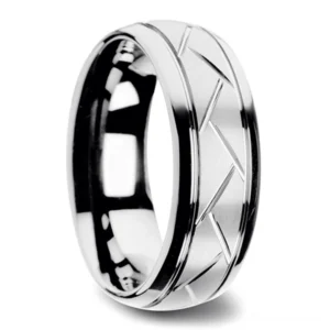 Silver gothic zigzag metal ring with chevron engraving and polished beveled edges, side view
