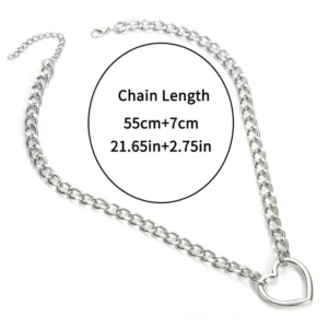 Silver hollow heart pendant necklace flat lay side view showing adjustable curb chain 55cm plus 7cm extension with secure lobster clasp, gothic alternative jewelry
